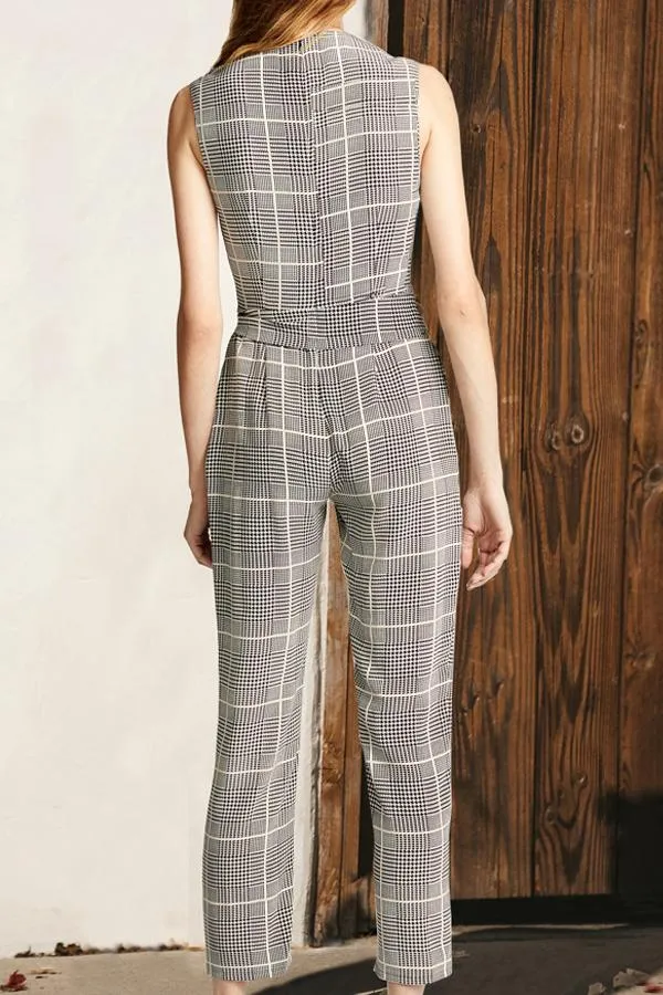 Elegant Pockets Plaid Belt Jumpsuit