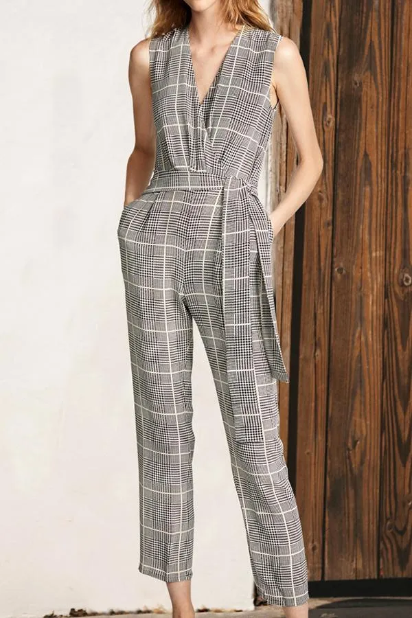 Elegant Pockets Plaid Belt Jumpsuit