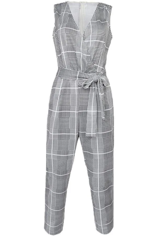 Elegant Pockets Plaid Belt Jumpsuit