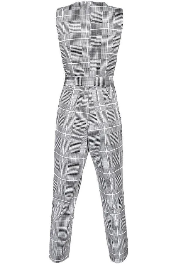 Elegant Pockets Plaid Belt Jumpsuit