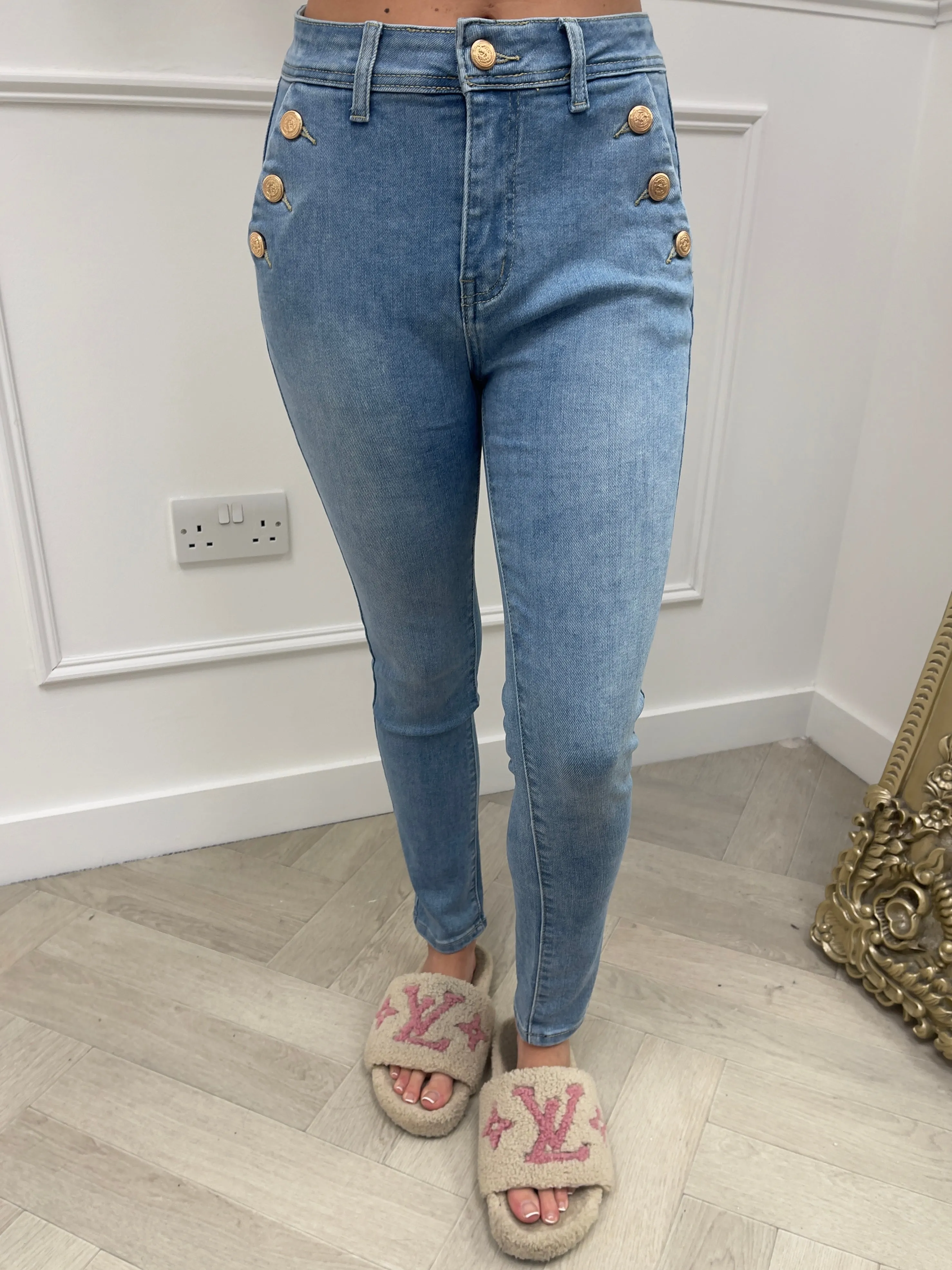 Elizabeth skinny denim gold button jeans