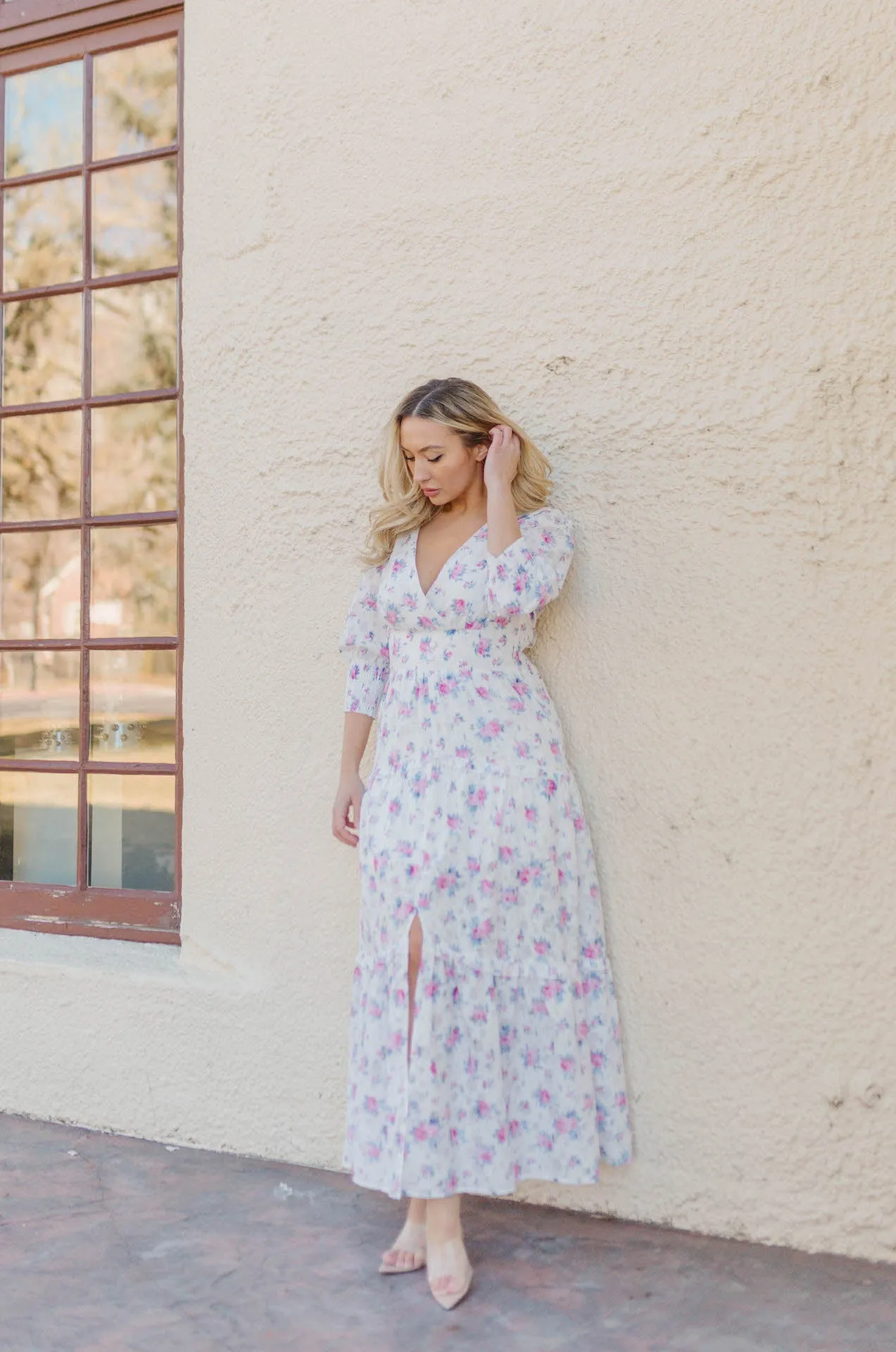 Ellese Pink Floral 3/4 Sleeve Tiered Maxi Dress