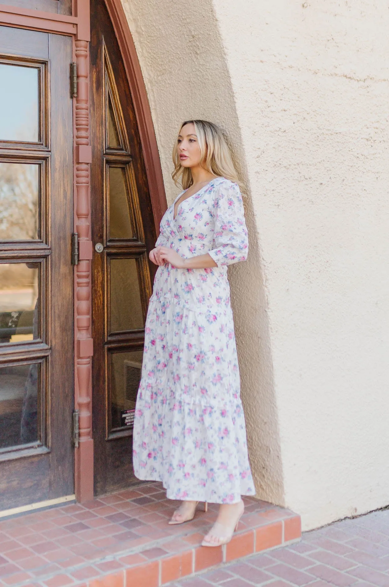 Ellese Pink Floral 3/4 Sleeve Tiered Maxi Dress