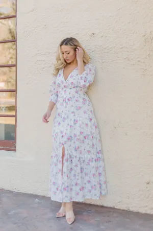 Ellese Pink Floral 3/4 Sleeve Tiered Maxi Dress