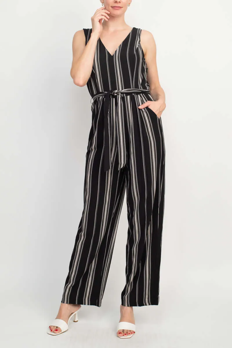 Emma Michele V-Neck Sleeveless Tie Waist Pockets Zipper Back Crepe Jumpsuit