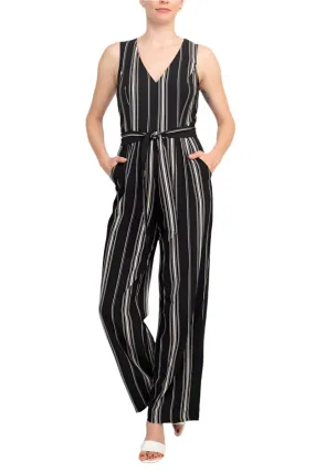 Emma Michele V-Neck Sleeveless Tie Waist Pockets Zipper Back Crepe Jumpsuit