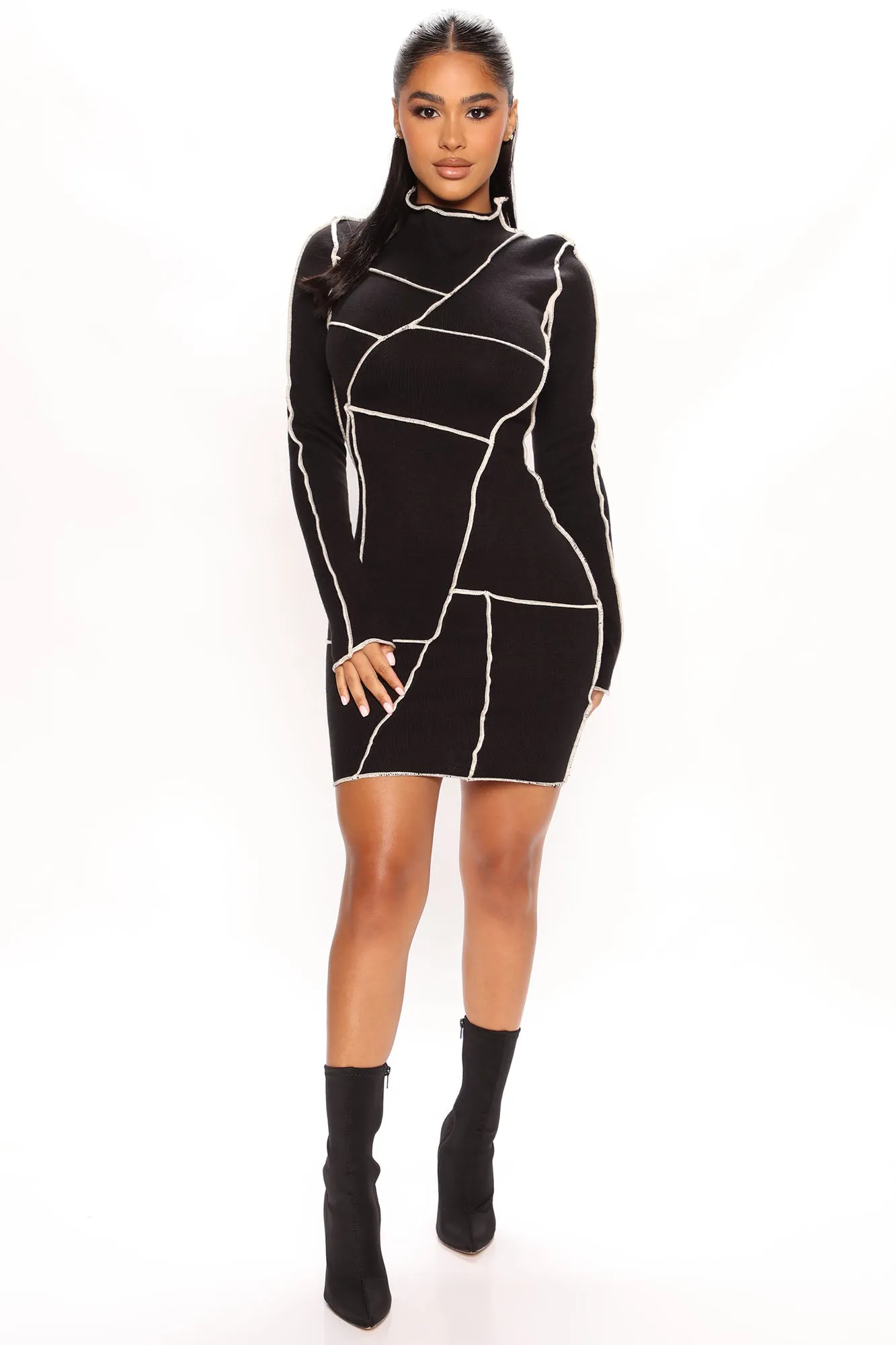 Exposed Feelings Sweater Mini Dress - Black/White