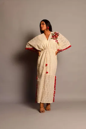 Eyelet Kaftan Maxi Dress with Floral Embroidery