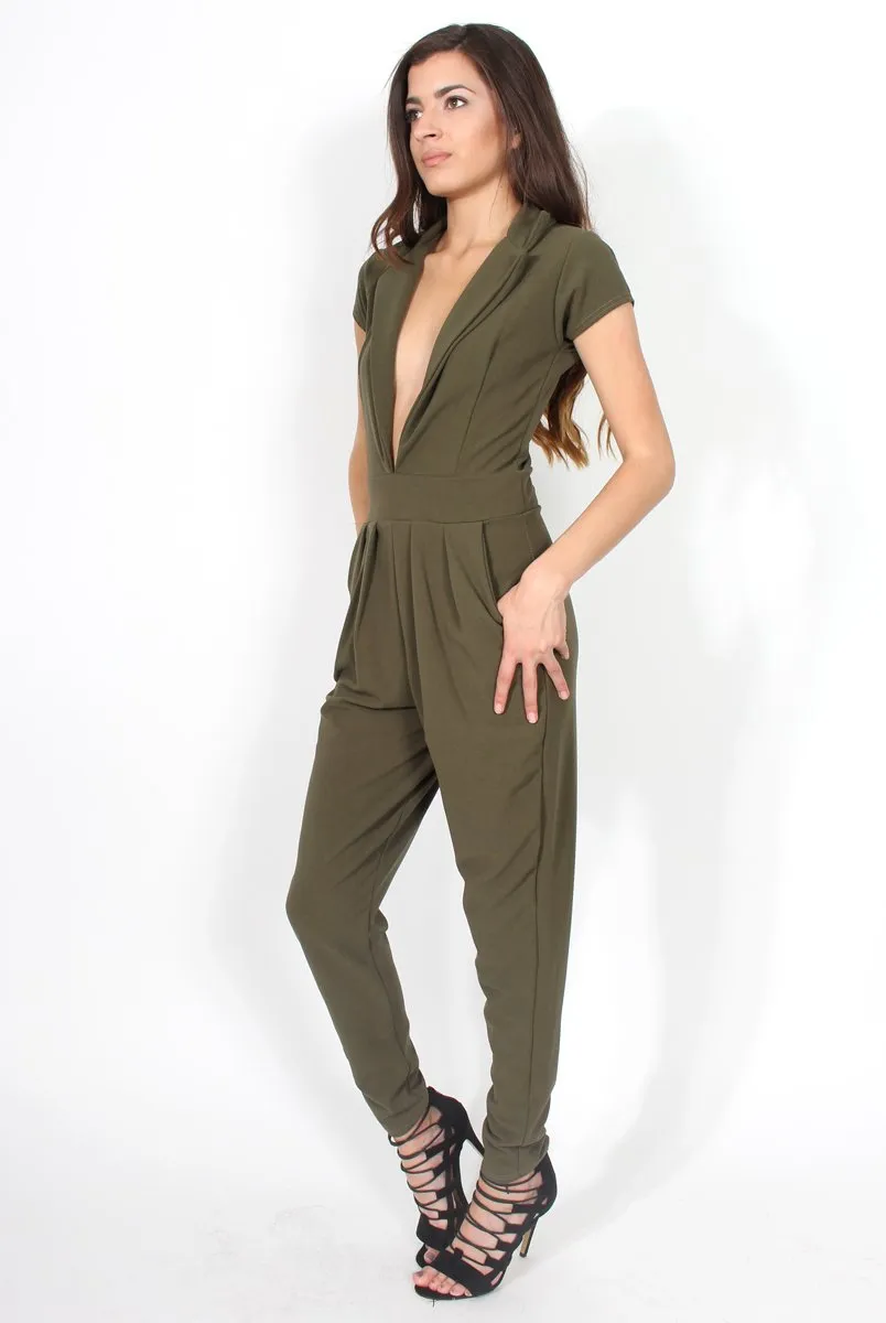 Farrah Khaki Deep V Jumpsuit