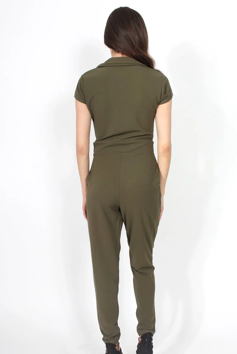 Farrah Khaki Deep V Jumpsuit