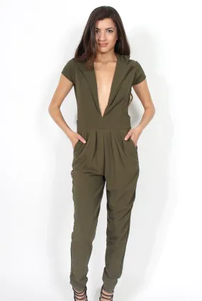 Farrah Khaki Deep V Jumpsuit