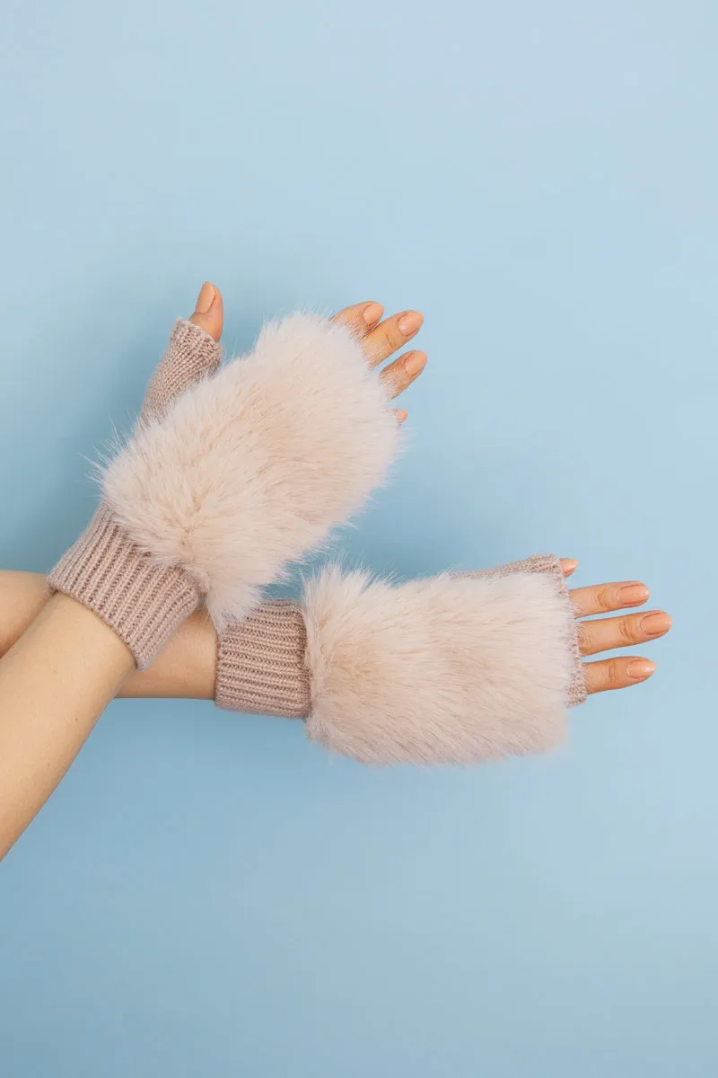 Faux Fur Trim Fingerless Knit Mittens