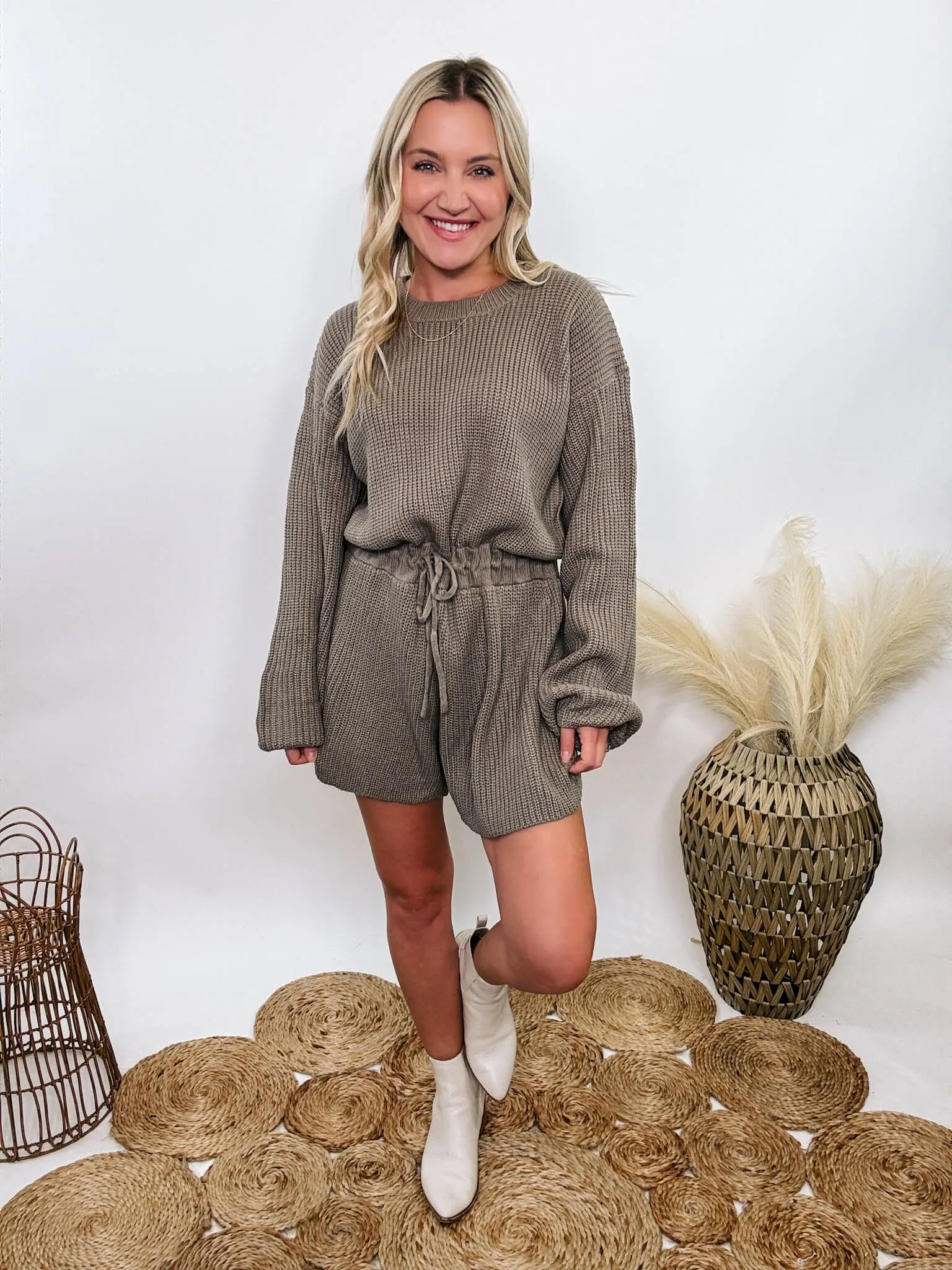 FLASH SALE Mushroom Long Sleeve Sweater Romper with Drawstring Waist