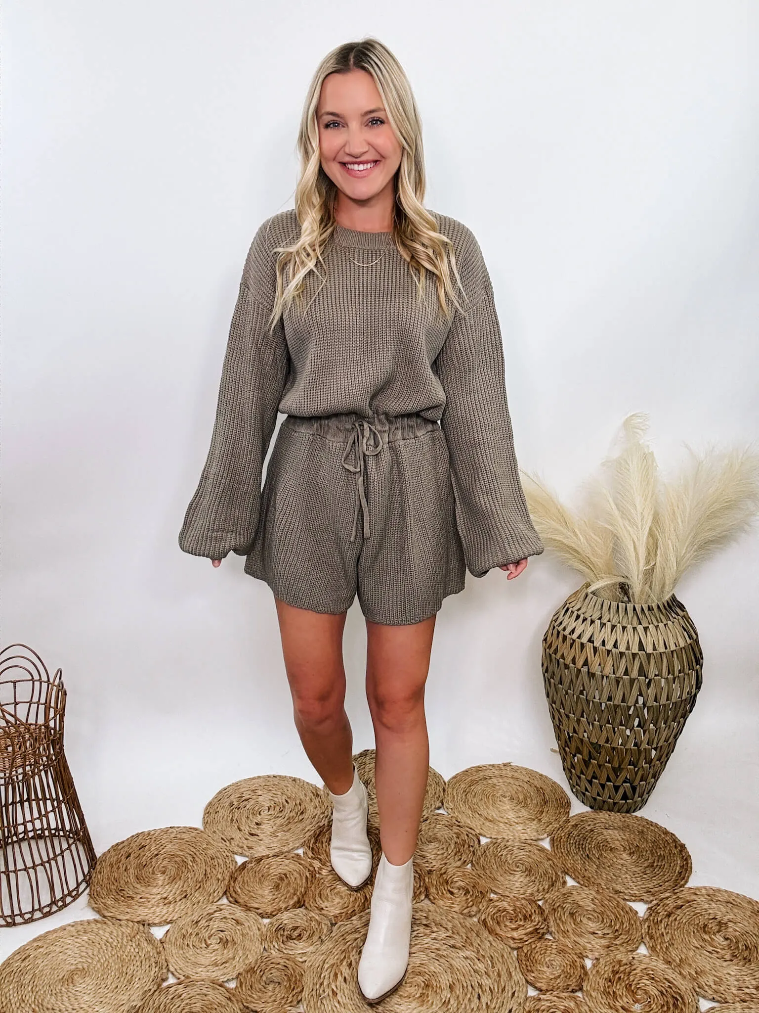 FLASH SALE Mushroom Long Sleeve Sweater Romper with Drawstring Waist