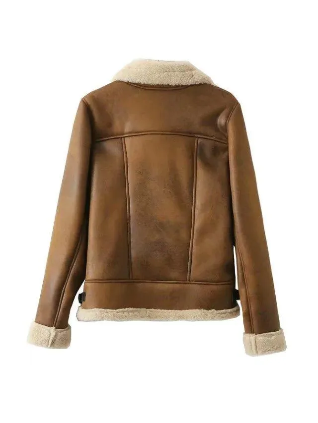 Fleece Stitching Women Suede Coat Jacket