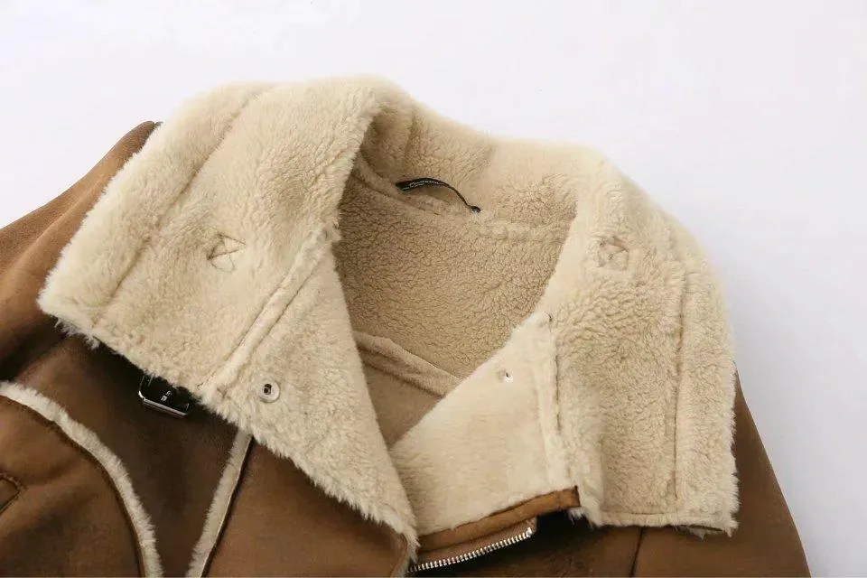 Fleece Stitching Women Suede Coat Jacket