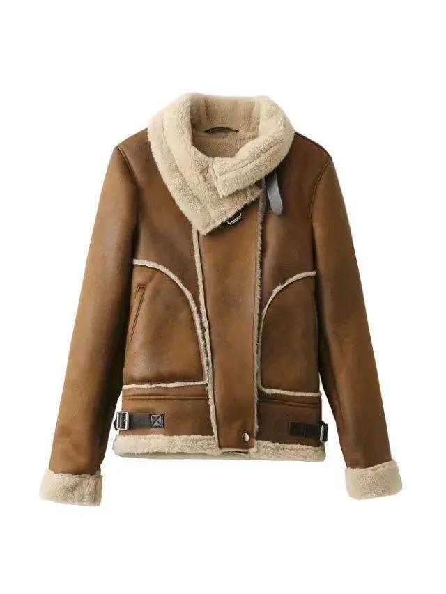 Fleece Stitching Women Suede Coat Jacket