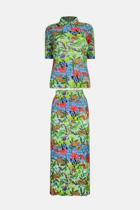 Floral Accordion Pleated Shirt and Midi Skirt Set with Pockets