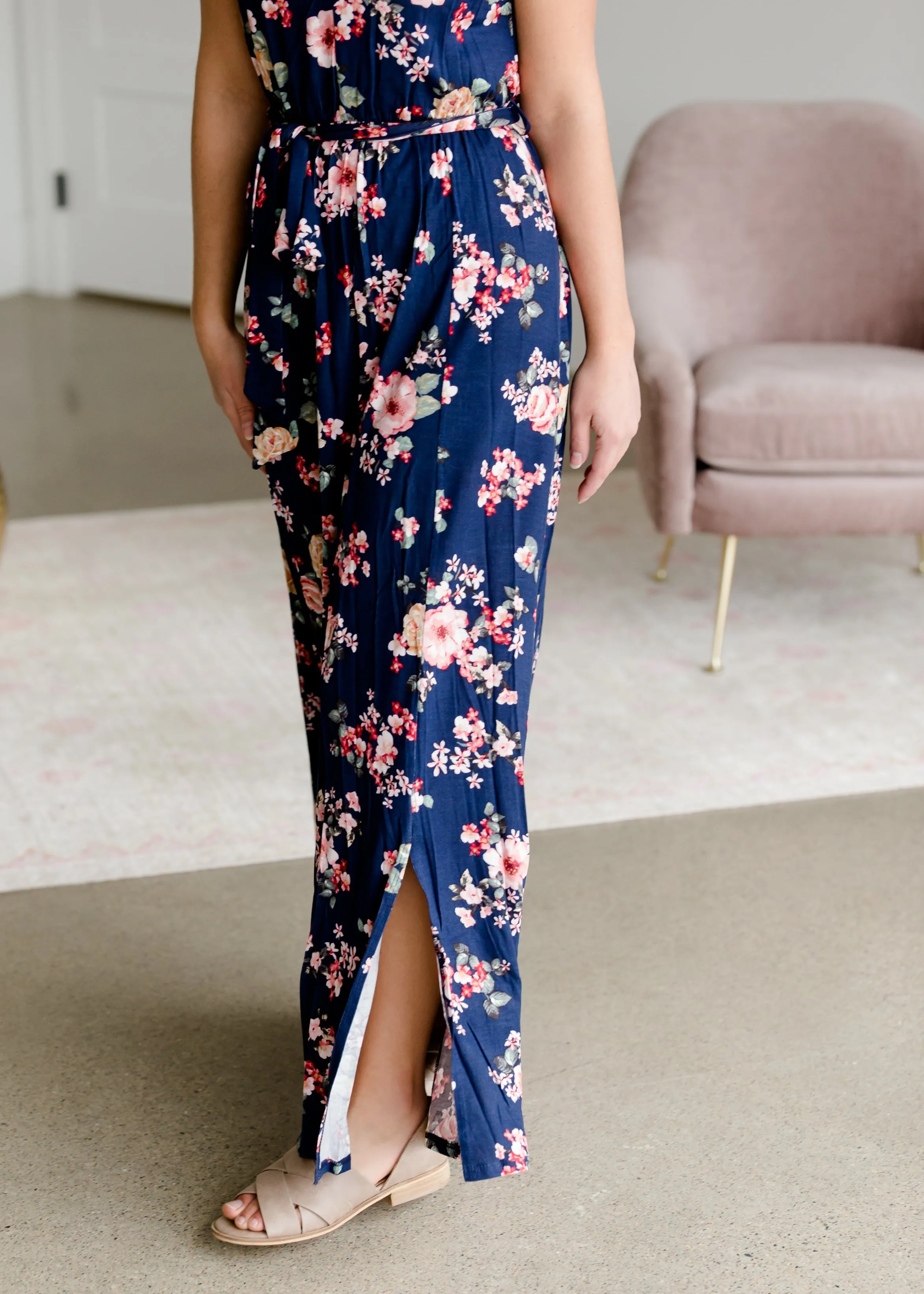 Floral Belted A-Line Maxi Dress