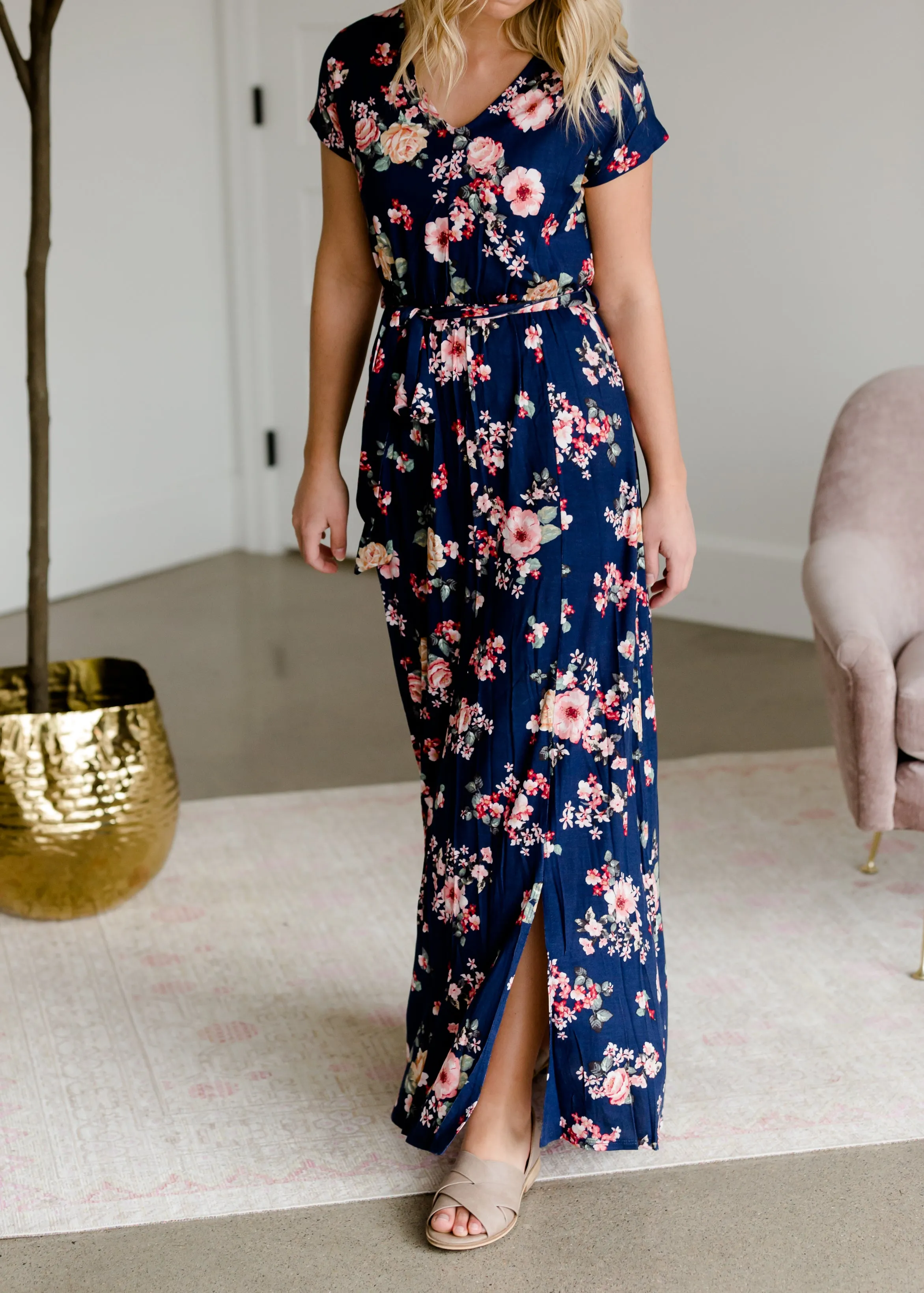 Floral Belted A-Line Maxi Dress