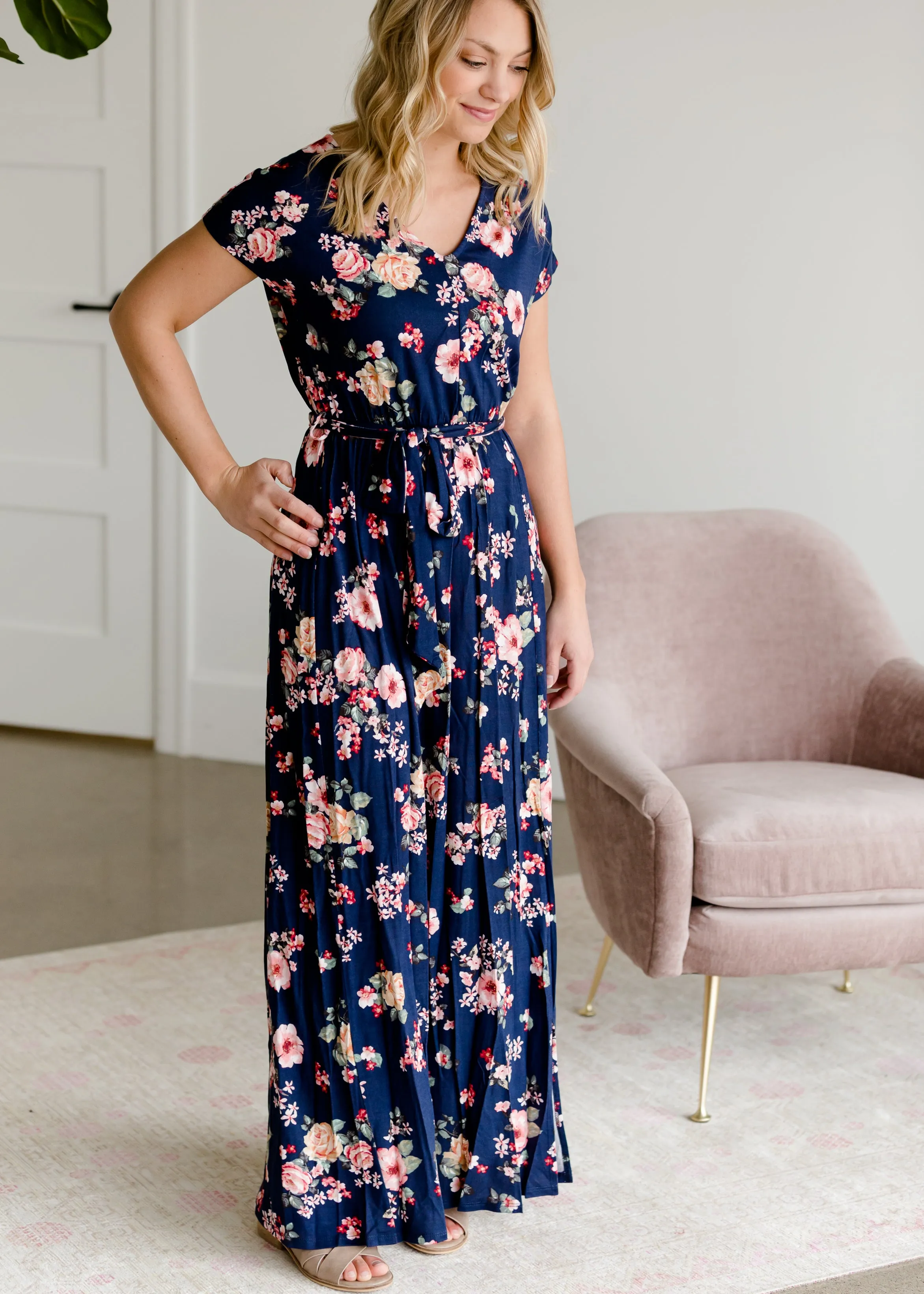 Floral Belted A-Line Maxi Dress