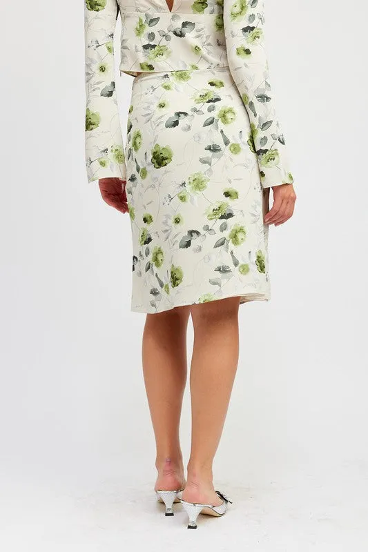 FLORAL MIDI SKIRT WITH FRONT DRAWSTRING Adjustable Knee Length Skirt