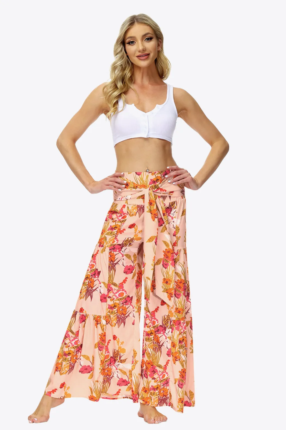 Floral Tie-Waist Tiered Culottes