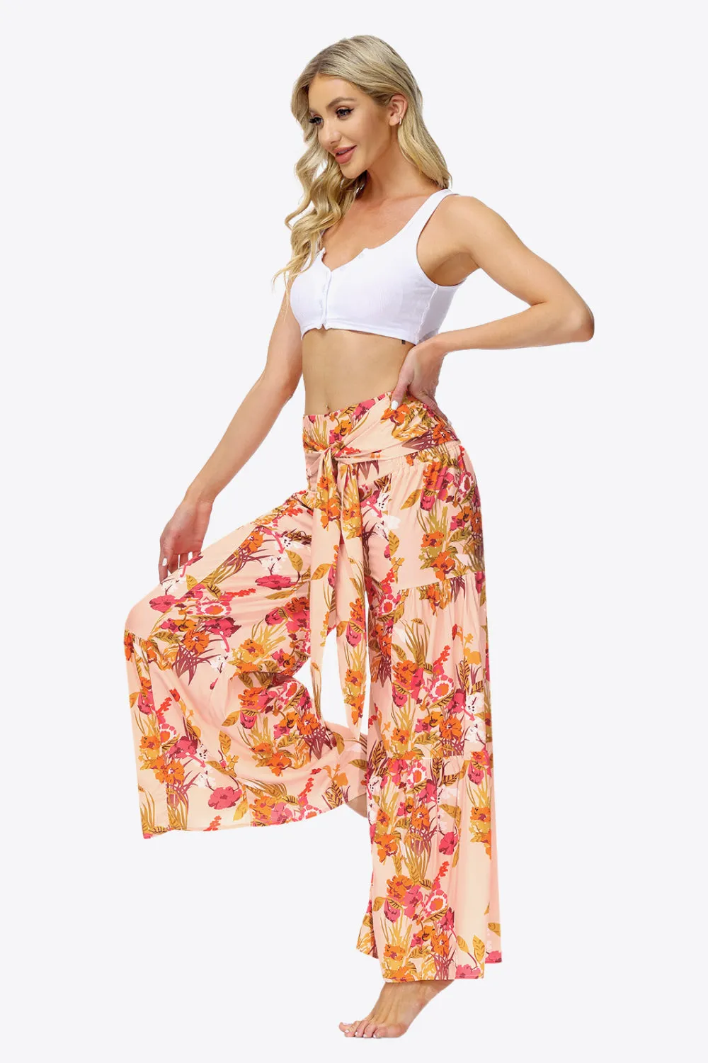 Floral Tie-Waist Tiered Culottes