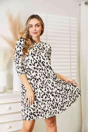 Full Size Leopard Three-Quarter Sleeve Dress with Pockets