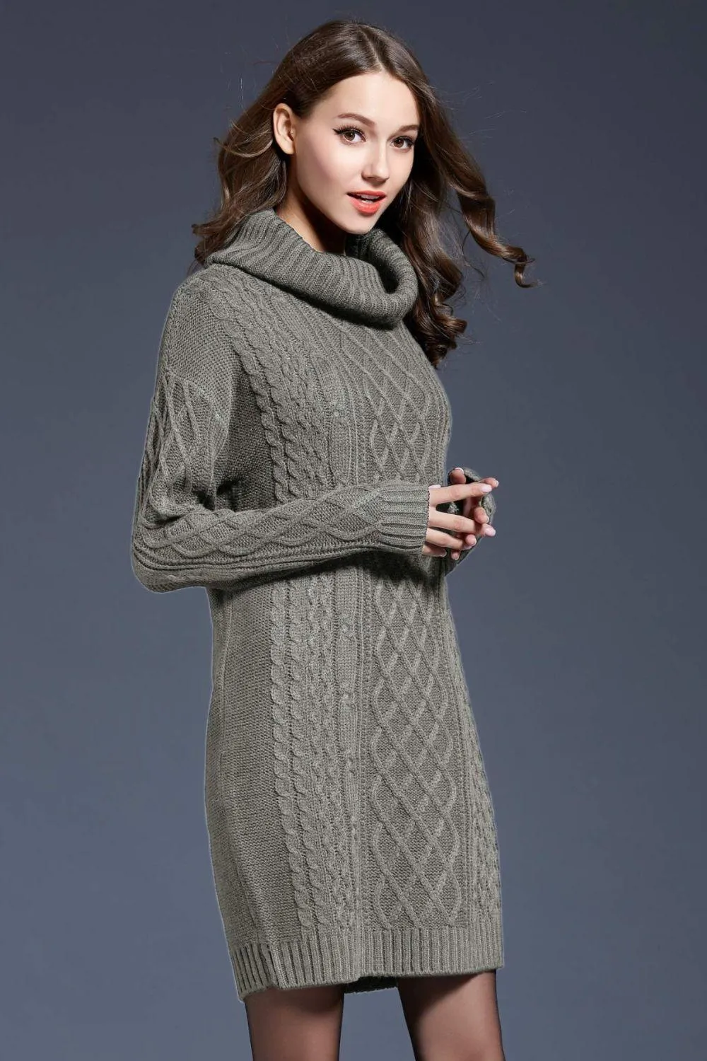 Full Size Mixed Knit Cowl Neck Dropped Shoulder Sweater Dress