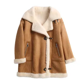 Genuine Leather Ladies Sheepskin Shearling Leather Coat (Camel/Beige)