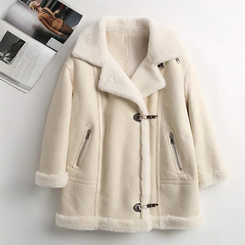 Genuine Leather Ladies Sheepskin Shearling Leather Coat (Camel/Beige)