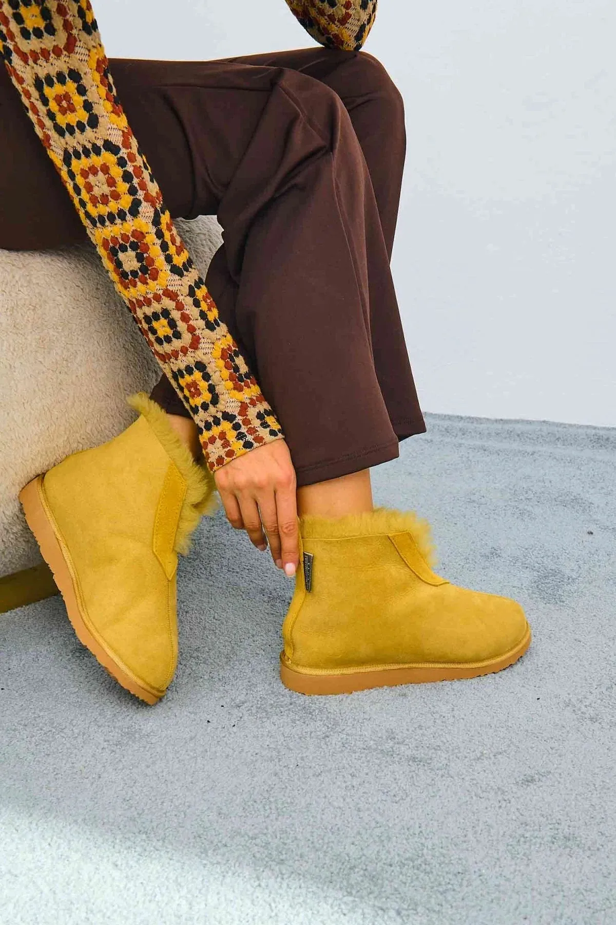 Genuine Suede Sheepskin Unisex Fudnap 191200 Mustard