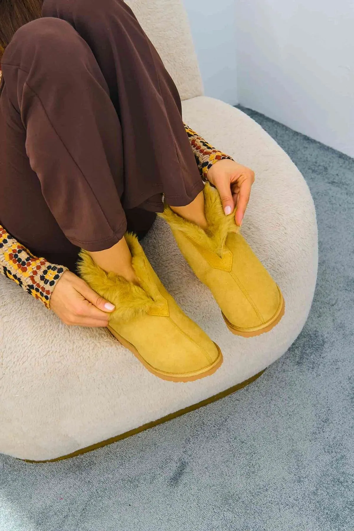 Genuine Suede Sheepskin Unisex Fudnap 191200 Mustard