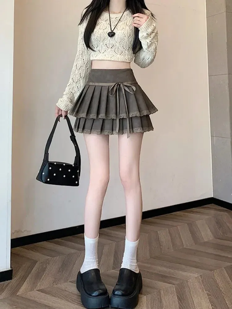 Girlary Chic Pleated Pu Skirts for Women High Waisted brown Black Fashion Solid Mini Skirts Autumn A Line Skirt 2024