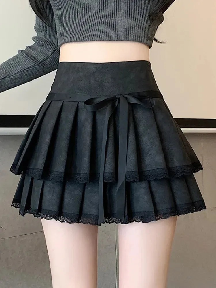 Girlary Chic Pleated Pu Skirts for Women High Waisted brown Black Fashion Solid Mini Skirts Autumn A Line Skirt 2024