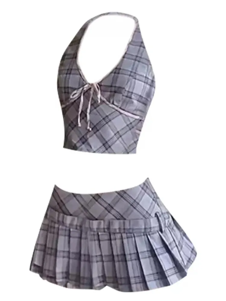 Girlary korean Fashion Y2k 2 Piece Set Women Sexy Vintage Chic Mini Skirt Suit Female Plaid Halterneck Tops Pleated Skirt Summer 2024