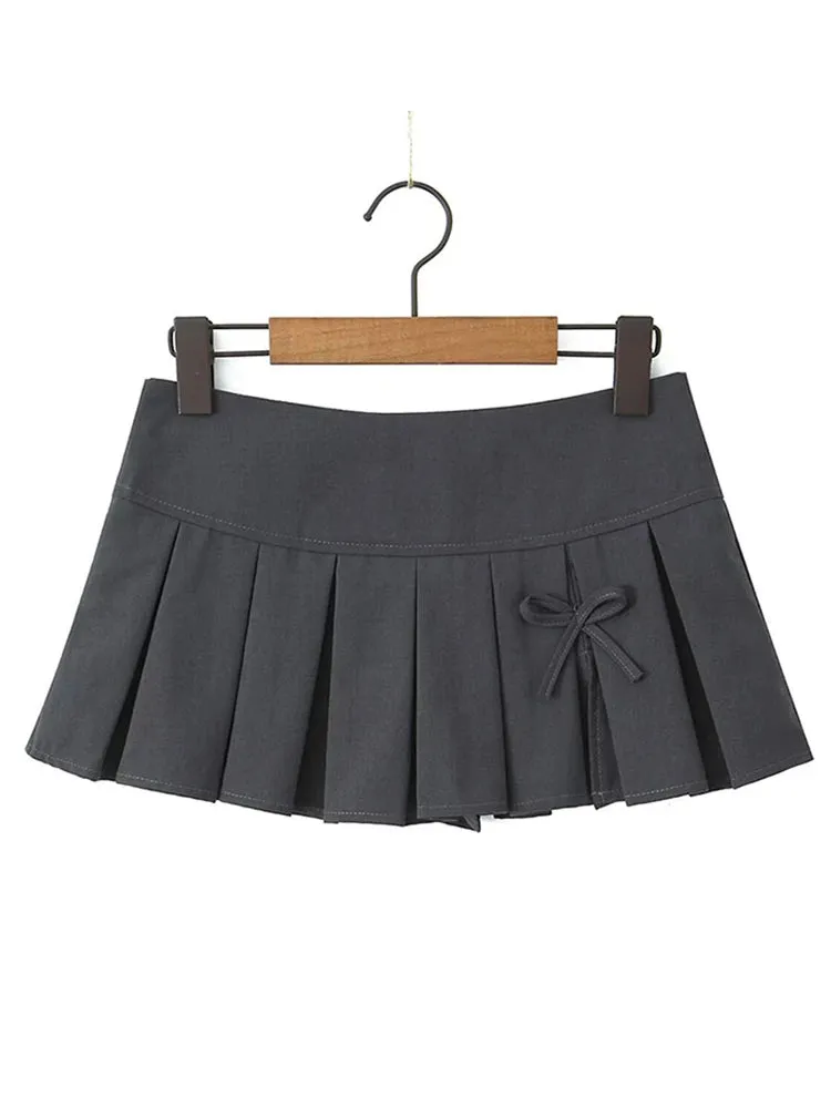 Girlary Mini Skirt Women Bow Street Fashion Chic Sexy Vintage Skirts Female 2024 Spring New Solid High Waist Pleated Skirt Lady