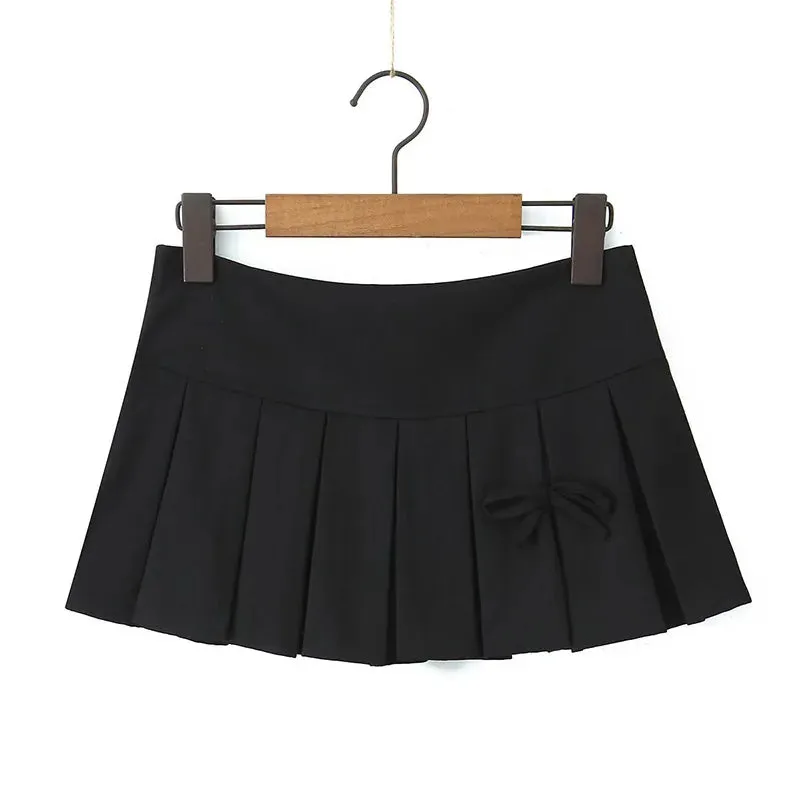 Girlary Mini Skirt Women Bow Street Fashion Chic Sexy Vintage Skirts Female 2024 Spring New Solid High Waist Pleated Skirt Lady