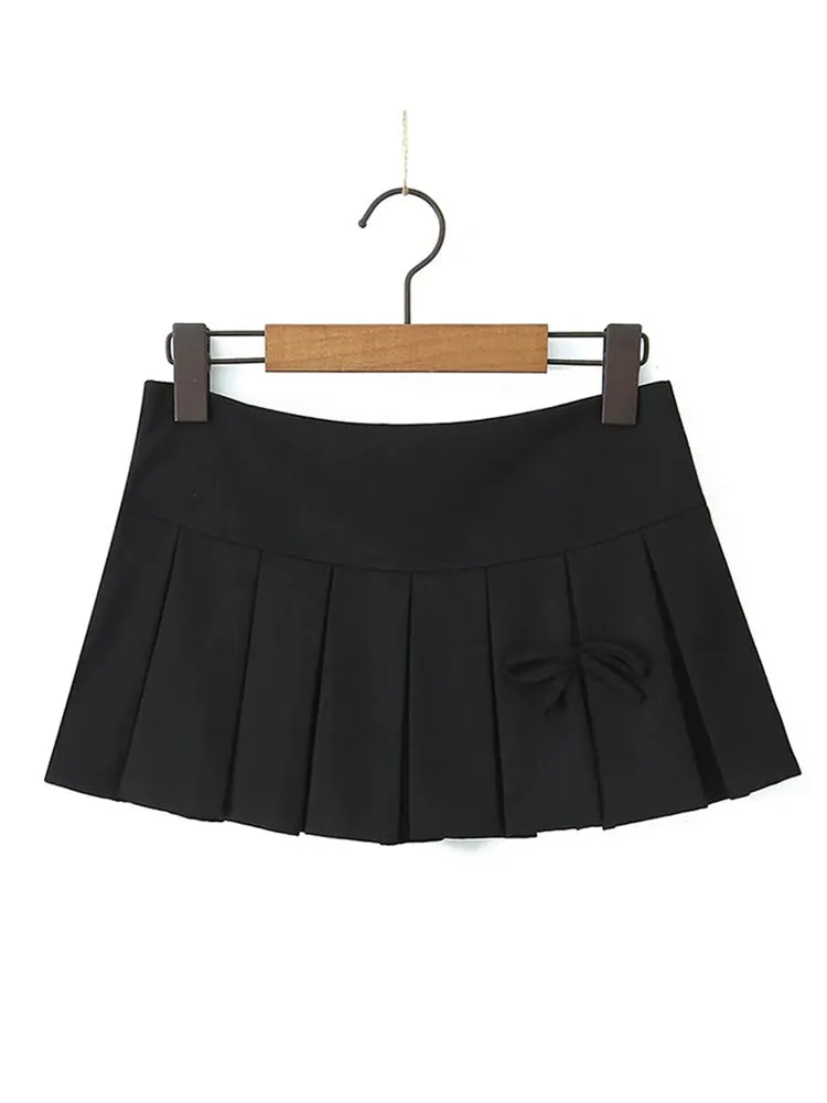 Girlary Mini Skirt Women Bow Street Fashion Chic Sexy Vintage Skirts Female 2024 Spring New Solid High Waist Pleated Skirt Lady