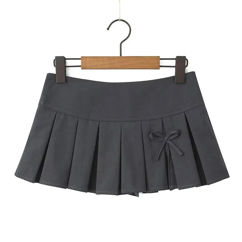 Girlary Mini Skirt Women Bow Street Fashion Chic Sexy Vintage Skirts Female 2024 Spring New Solid High Waist Pleated Skirt Lady