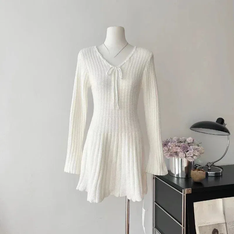 Girlary Sweet Knitted Sweater Dress Women Casual Long Sleeve Elegant French Y2k Mini Dress Even Party 2024 Autumn Korean Fashion Chic