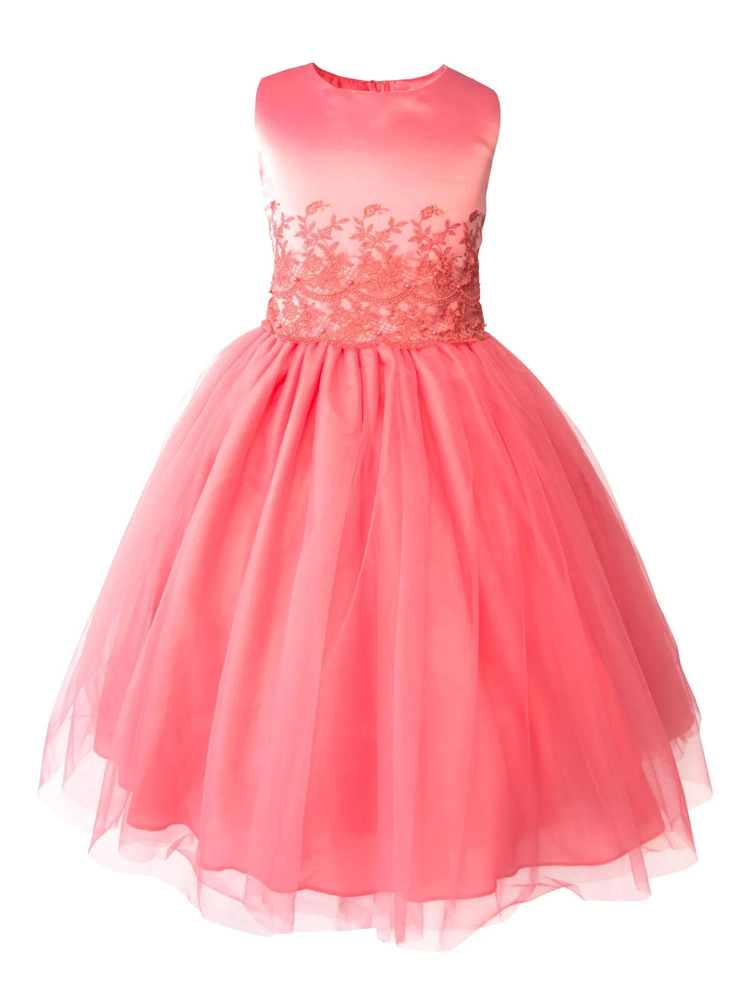 Girls' Satin Sleveless Lace Appliqué Tulle Dress