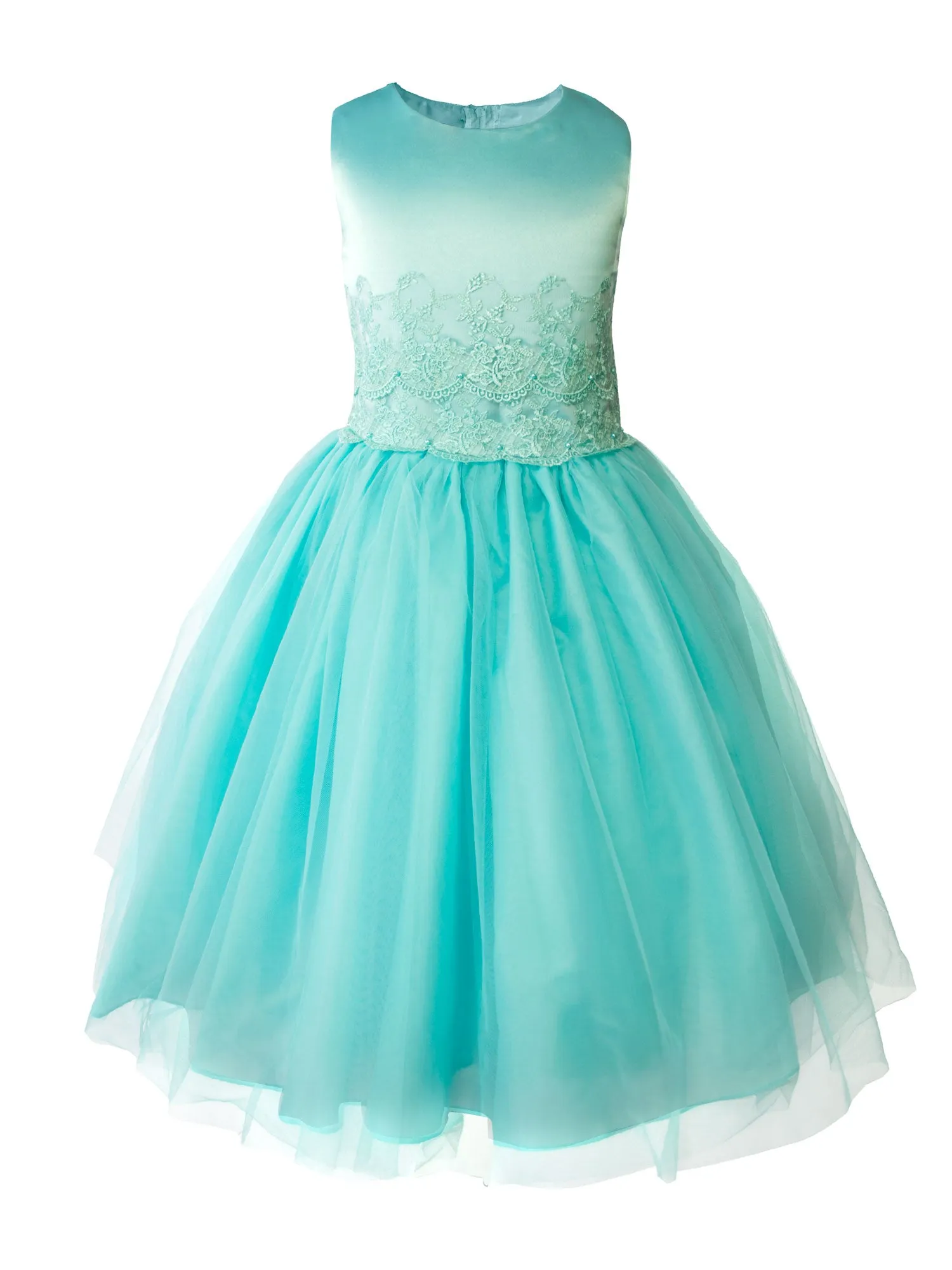 Girls' Satin Sleveless Lace Appliqué Tulle Dress