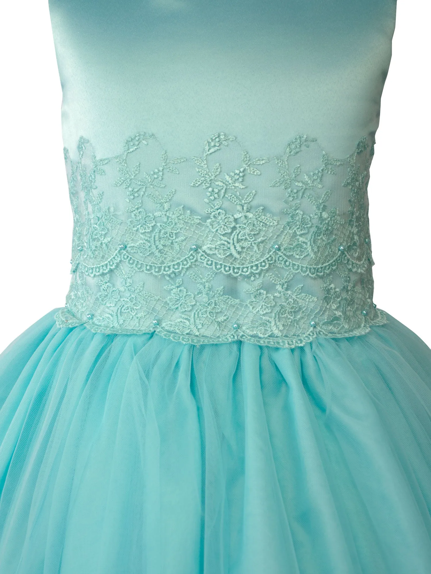 Girls' Satin Sleveless Lace Appliqué Tulle Dress