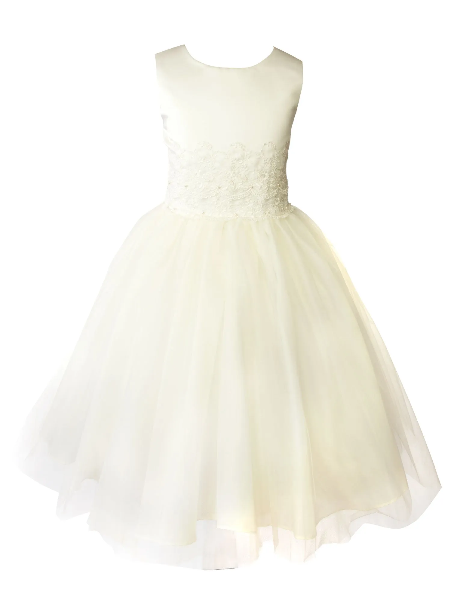 Girls' Satin Sleveless Lace Appliqué Tulle Dress