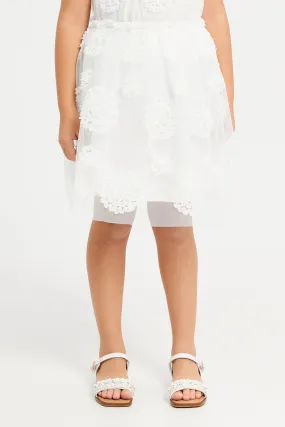 Girls White Flower Embroidered Skirt