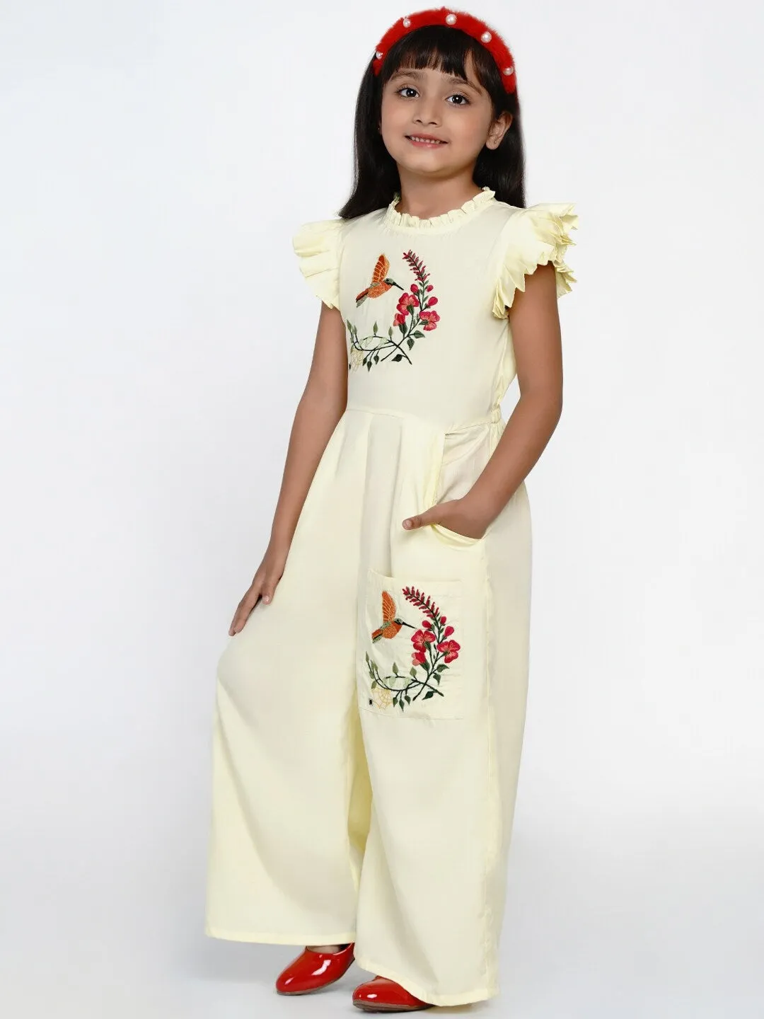 Girls Yellow & Orange Embroidered Basic Jumpsuit