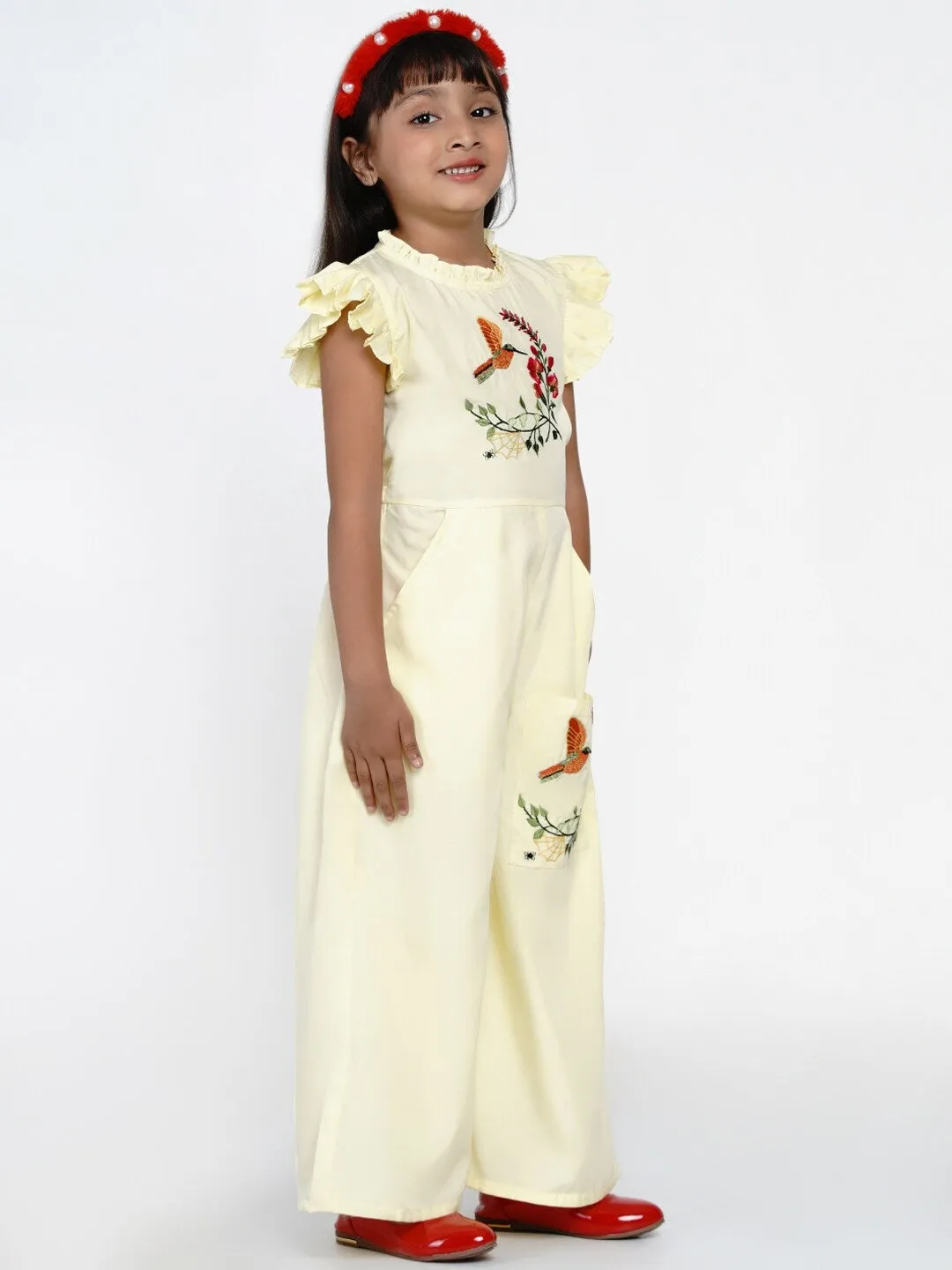 Girls Yellow & Orange Embroidered Basic Jumpsuit