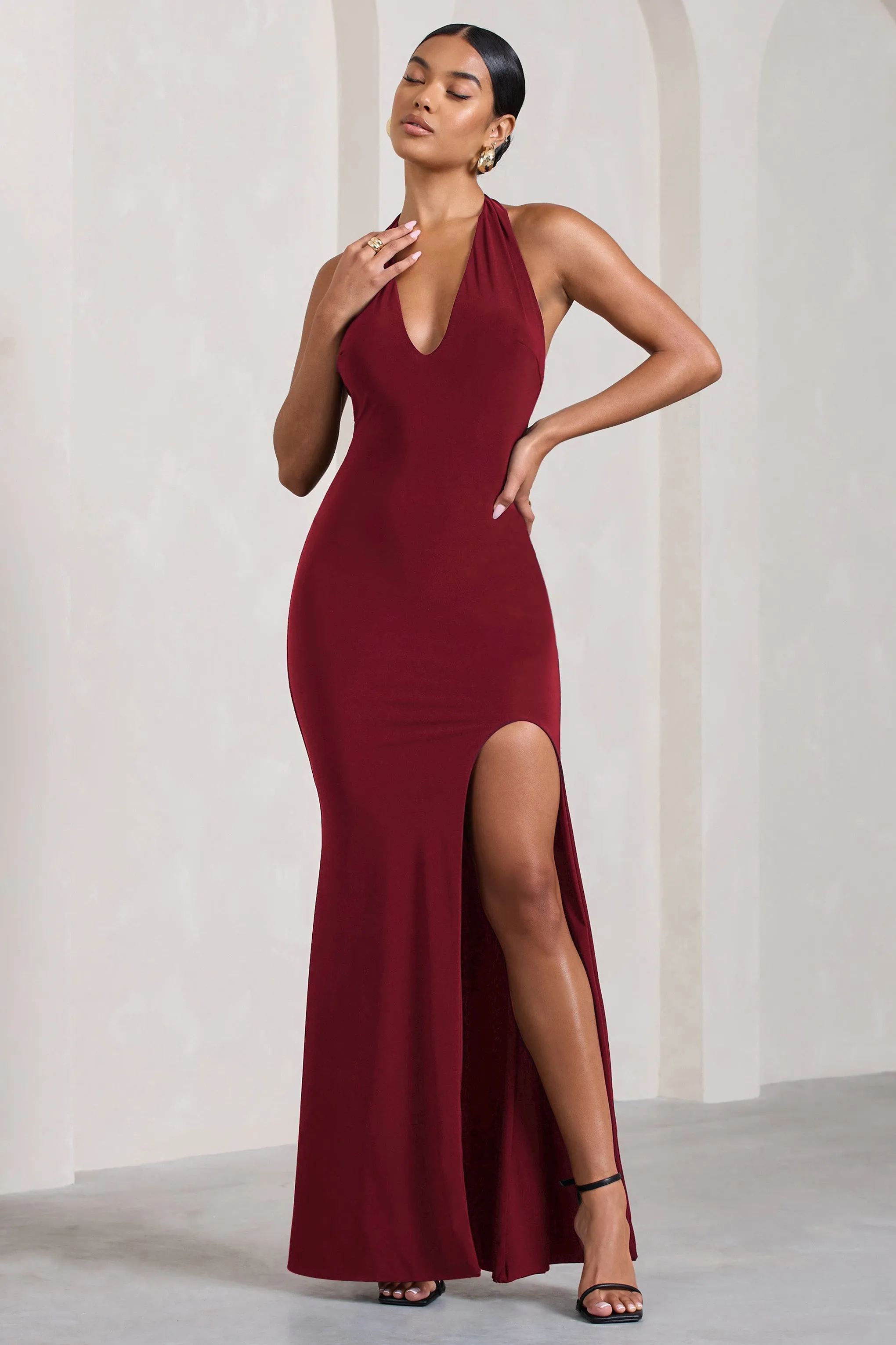 Glamour | Berry Backless V Plunge Halter Neck Maxi Dress With Side Split